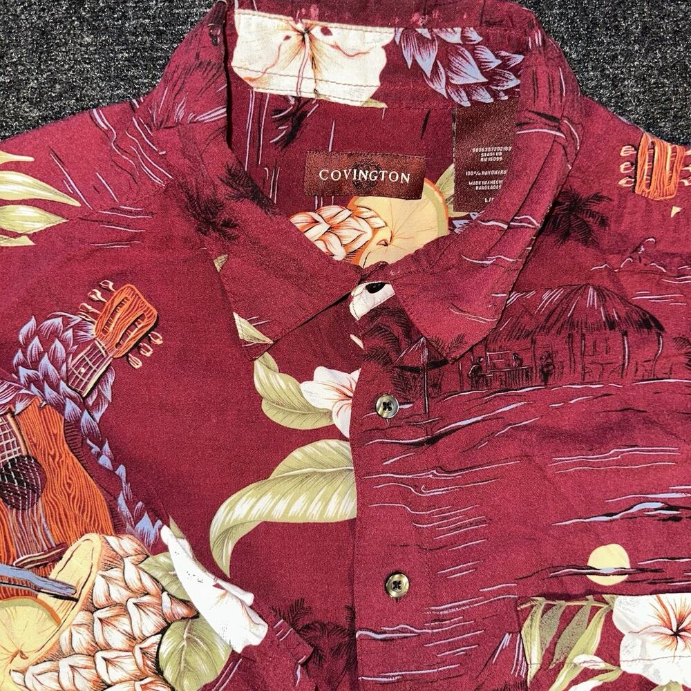 Covington Hawaiian Shirt Mens Large L Red Ukulele Pineapple 100% Rayon Tropical